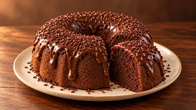 Bolo de chocolate com cobertura e granulado, com fatia cortada