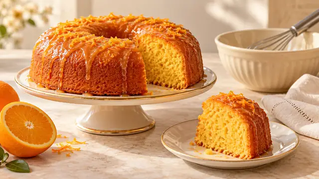 Bolo de laranja dourado com calda, fatia com massa macia e utensílios de preparo em uma bancada clara