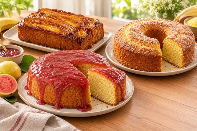 Três sabores diferentes: bolo de banana caramelizada, bolo de fubá dourado e bolo com cobertura de goiabada